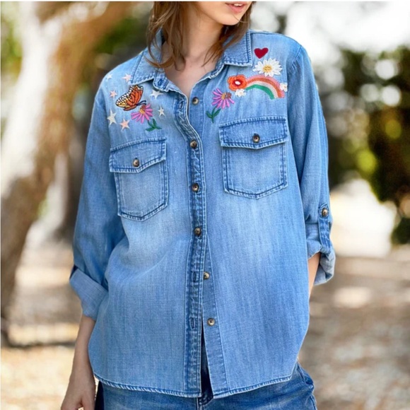 Billy T Happy Place Embroidered Denim Shirt Small Blue Button Down - Picture 1 of 6